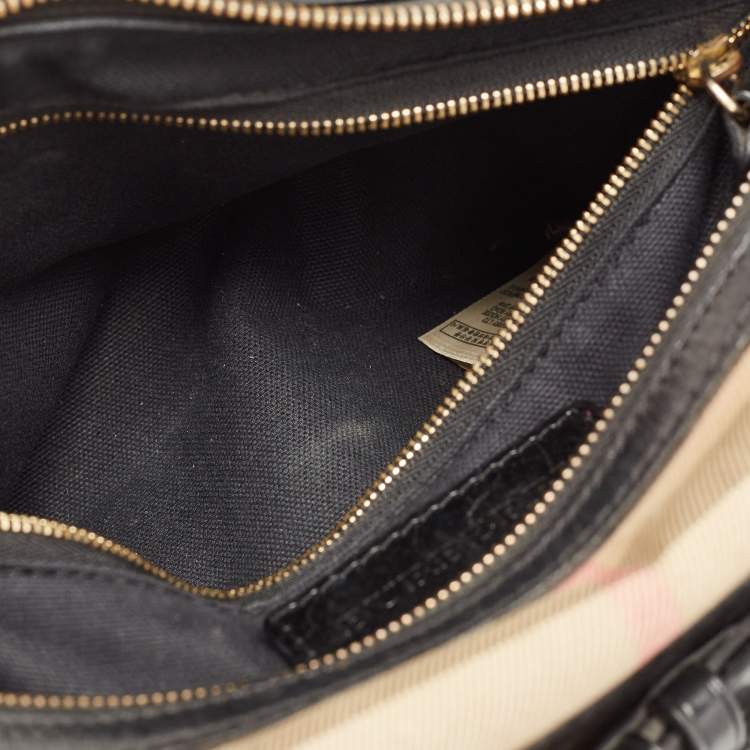 Pre Owned Burberry Black/Beige House Check Fabric and Leather Bridle Chester Bowling Bag