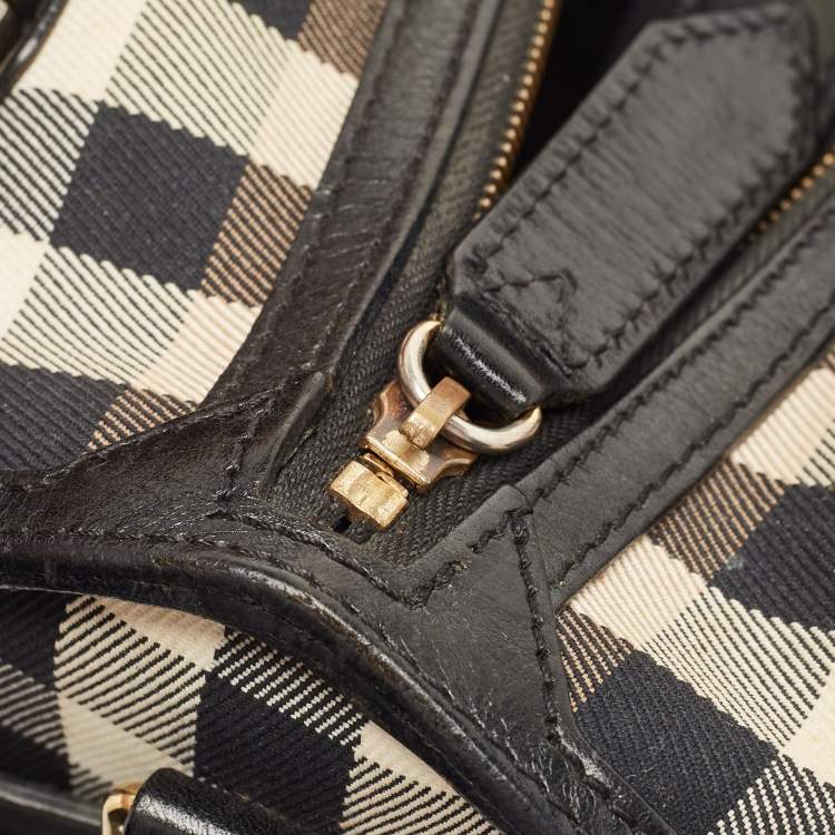Pre Owned Burberry Black/Beige House Check Fabric and Leather Bridle Chester Bowling Bag