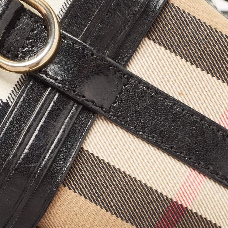 Pre Owned Burberry Black/Beige House Check Fabric and Leather Bridle Chester Bowling Bag