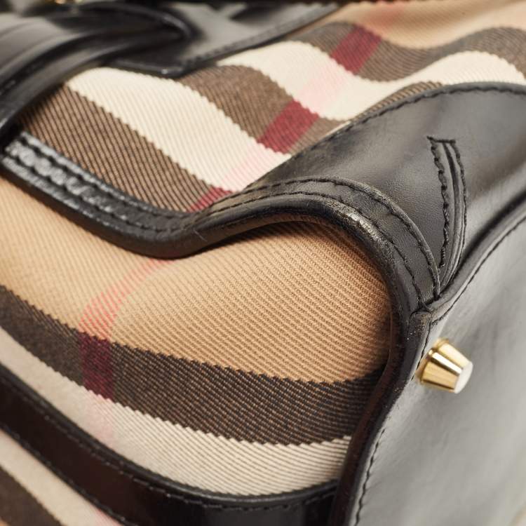 Pre Owned Burberry Black/Beige House Check Fabric and Leather Bridle Chester Bowling Bag
