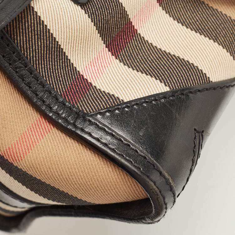 Pre Owned Burberry Black/Beige House Check Fabric and Leather Bridle Chester Bowling Bag
