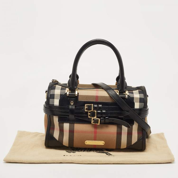 Pre Owned Burberry Black/Beige House Check Fabric and Leather Bridle Chester Bowling Bag