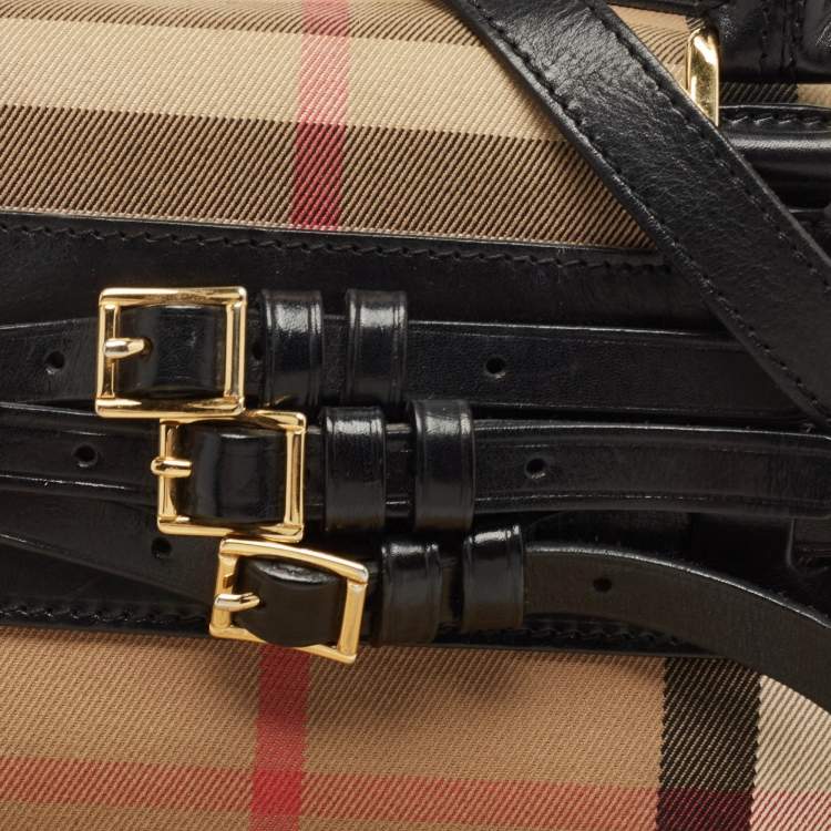 Pre Owned Burberry Black/Beige House Check Fabric and Leather Bridle Chester Bowling Bag
