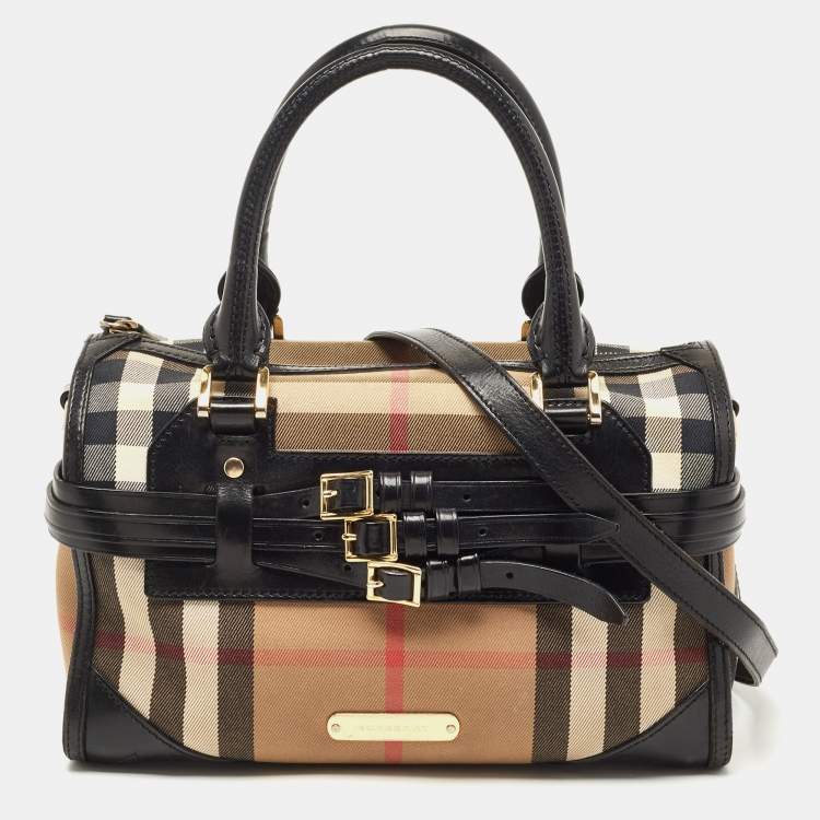 Pre Owned Burberry Black/Beige House Check Fabric and Leather Bridle Chester Bowling Bag