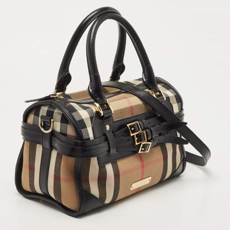 Pre Owned Burberry Black/Beige House Check Fabric and Leather Bridle Chester Bowling Bag