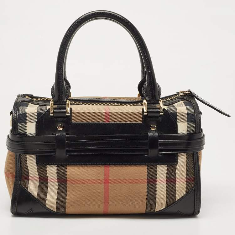 Pre Owned Burberry Black/Beige House Check Fabric and Leather Bridle Chester Bowling Bag