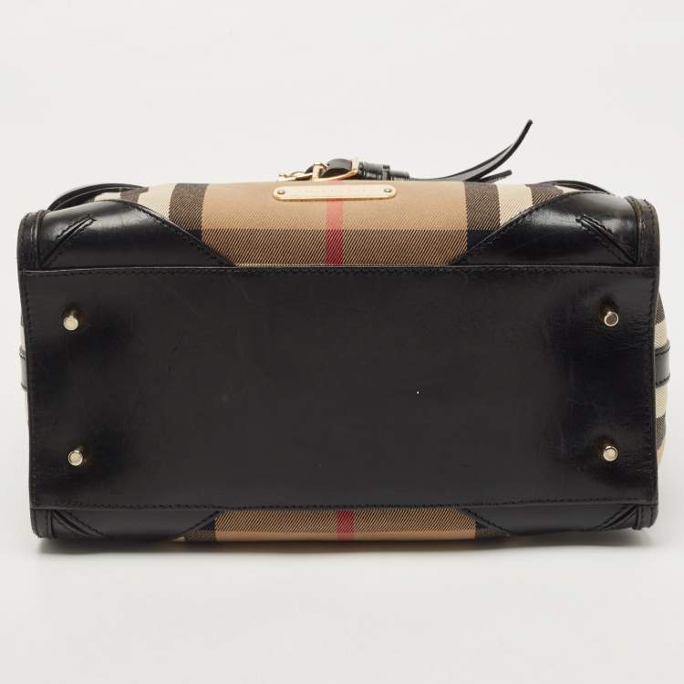 Pre Owned Burberry Black/Beige House Check Fabric and Leather Bridle Chester Bowling Bag