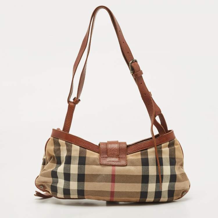 Pre Owned Burberry Prorsum Beige/Brown House Check Canvas and Leather Cinda Shoulder bag