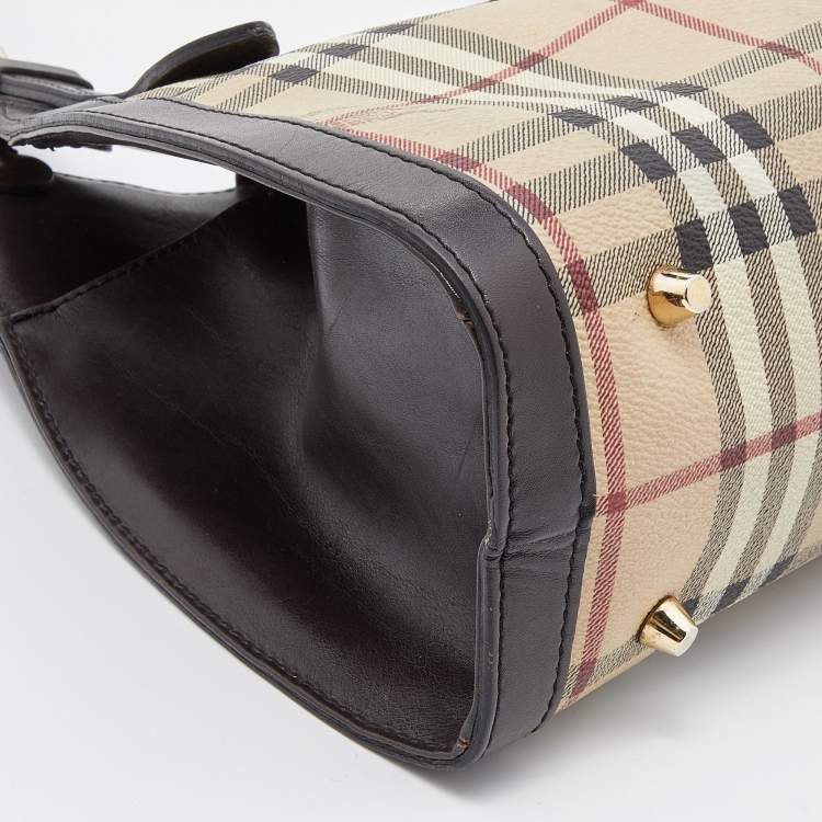 Pre Owned Burberry Beige/Brown Haymarket Check Coated Canvas and Leather Tassel Shoulder Bag