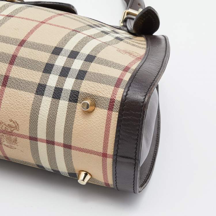 Pre Owned Burberry Beige/Brown Haymarket Check Coated Canvas and Leather Tassel Shoulder Bag