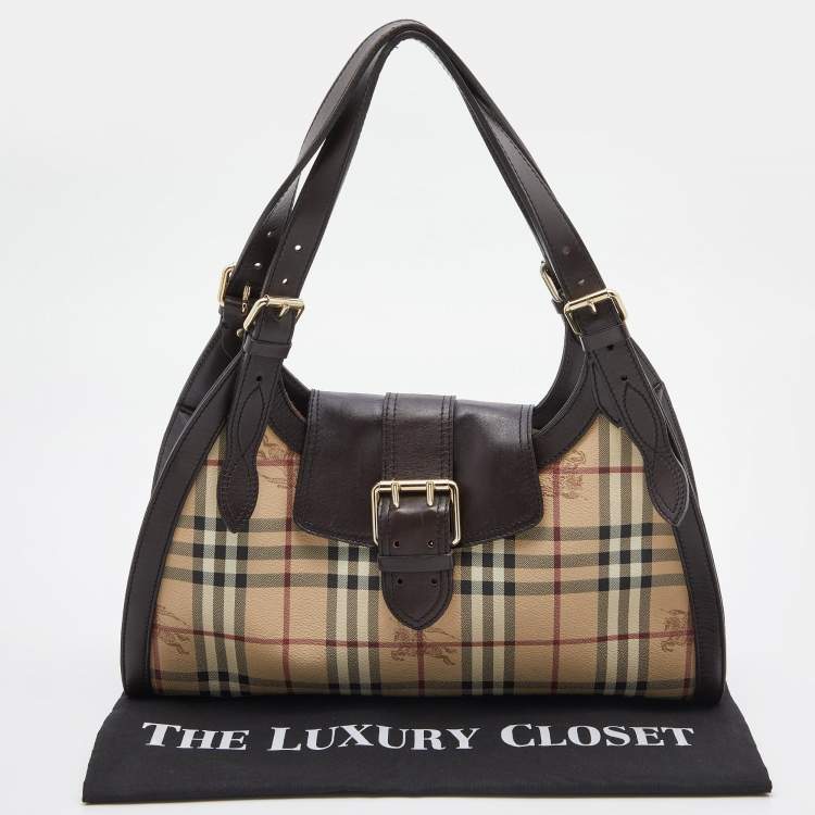 Pre Owned Burberry Beige/Brown Haymarket Check Coated Canvas and Leather Tassel Shoulder Bag