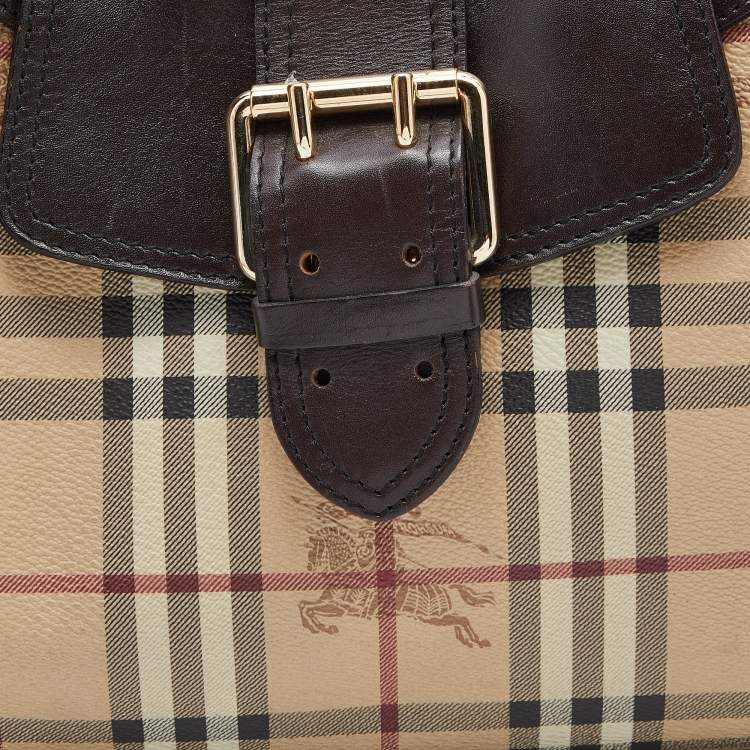 Pre Owned Burberry Beige/Brown Haymarket Check Coated Canvas and Leather Tassel Shoulder Bag