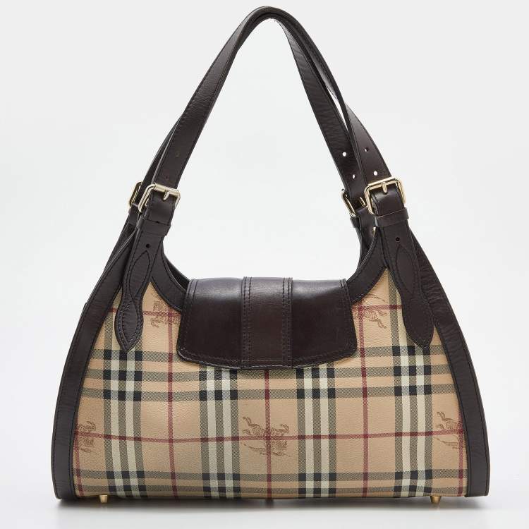 Pre Owned Burberry Beige/Brown Haymarket Check Coated Canvas and Leather Tassel Shoulder Bag