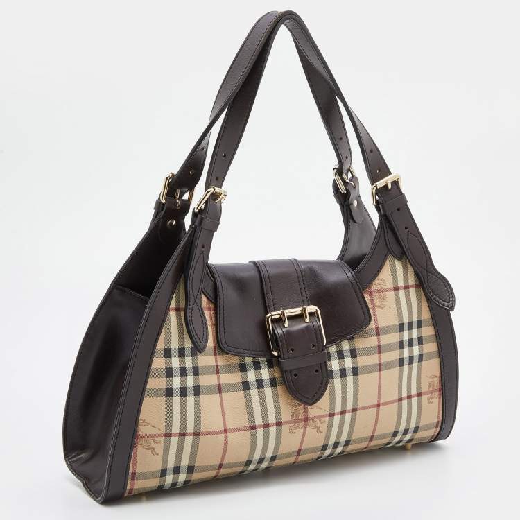 Pre Owned Burberry Beige/Brown Haymarket Check Coated Canvas and Leather Tassel Shoulder Bag