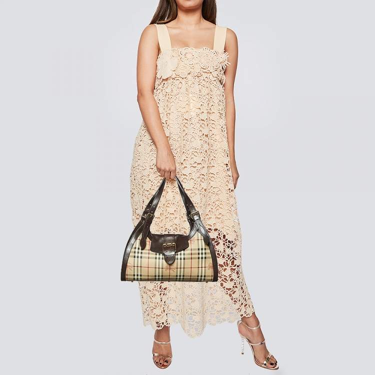 Pre Owned Burberry Beige/Brown Haymarket Check Coated Canvas and Leather Tassel Shoulder Bag