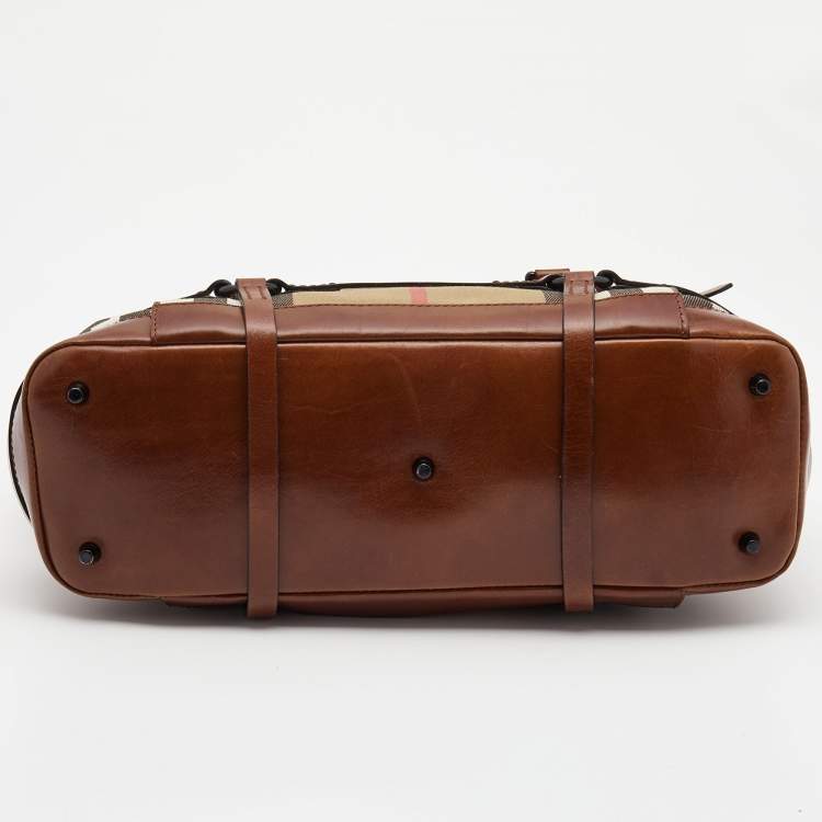 Pre Owned Burberry Brown/Beige House Check Fabric and Leather Bridle Satchel