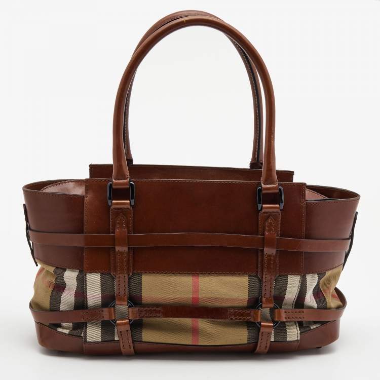Pre Owned Burberry Brown/Beige House Check Fabric and Leather Bridle Satchel