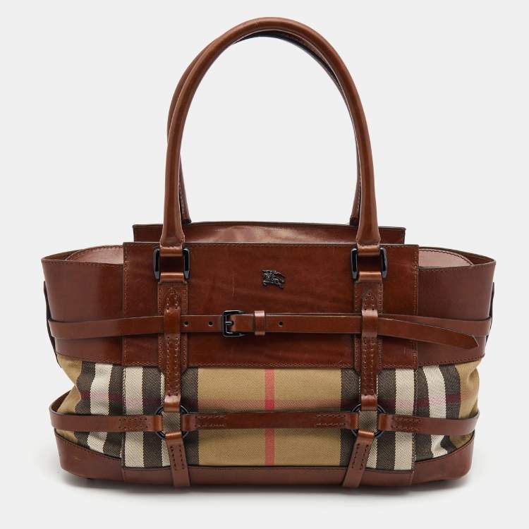 Pre Owned Burberry Brown/Beige House Check Fabric and Leather Bridle Satchel