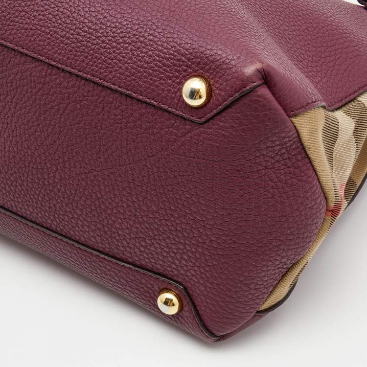 Pre Owned Burberry Burgundy Leather and House Check Canvas Medium Banner Tote