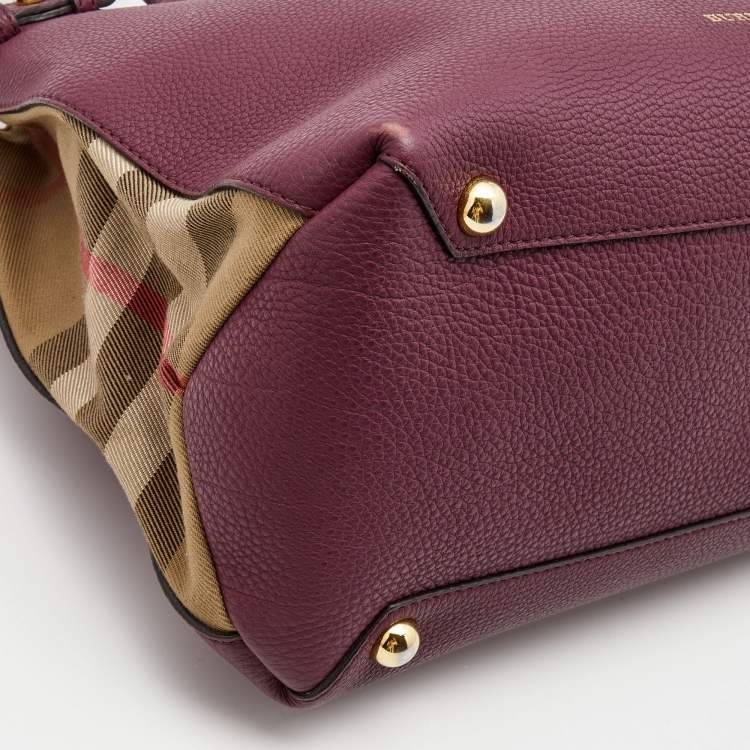 Pre Owned Burberry Burgundy Leather and House Check Canvas Medium Banner Tote