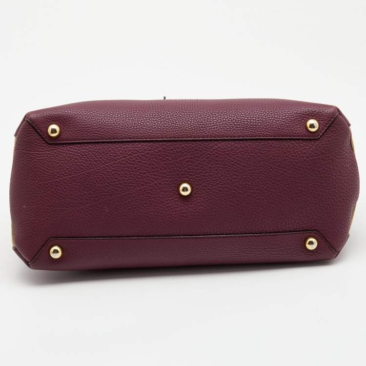 Pre Owned Burberry Burgundy Leather and House Check Canvas Medium Banner Tote