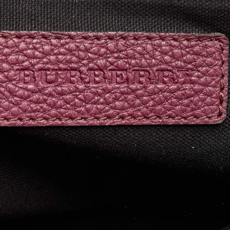Pre Owned Burberry Burgundy Leather and House Check Canvas Medium Banner Tote