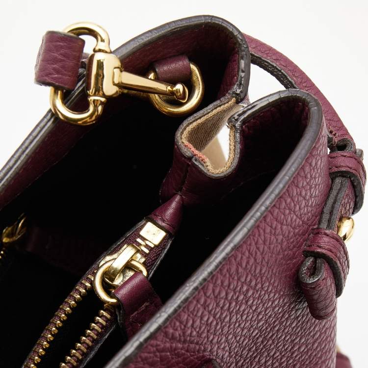 Pre Owned Burberry Burgundy Leather and House Check Canvas Medium Banner Tote