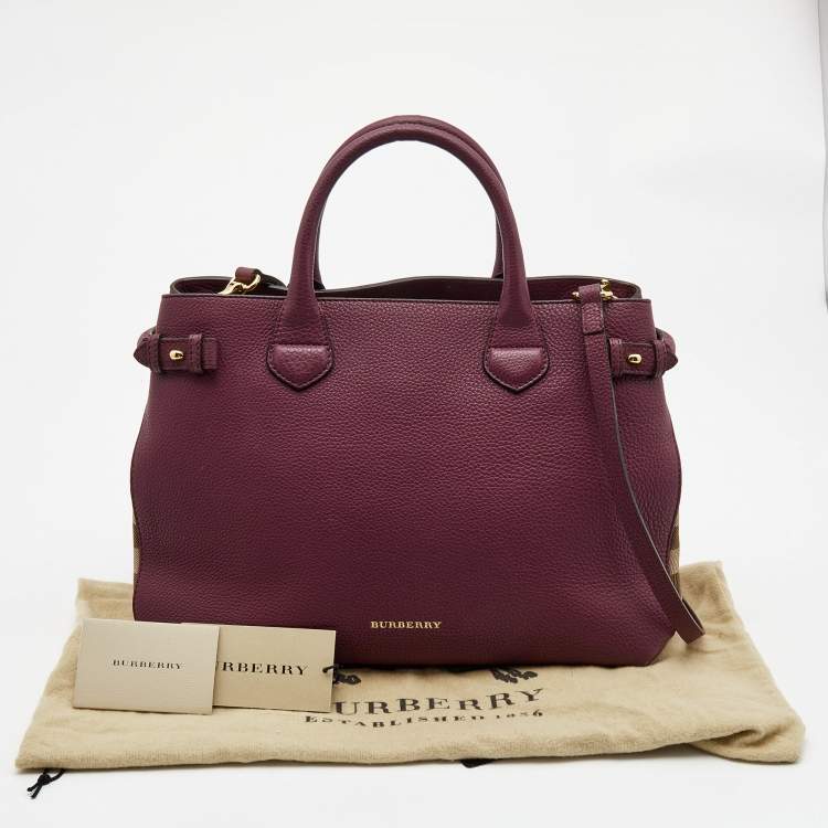 Pre Owned Burberry Burgundy Leather and House Check Canvas Medium Banner Tote