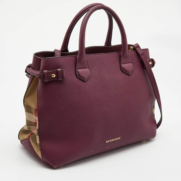 Pre Owned Burberry Burgundy Leather and House Check Canvas Medium Banner Tote