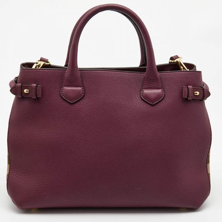 Pre Owned Burberry Burgundy Leather and House Check Canvas Medium Banner Tote