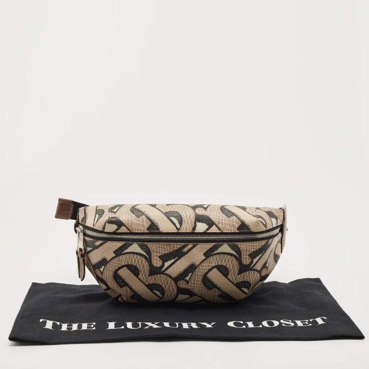 Pre Owned Burberry Beige TB Monogram Print Coated Canvas and Leather Sonny Bum Bag