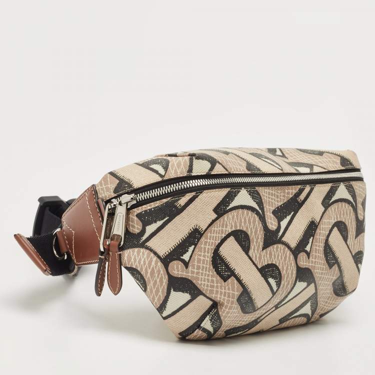 Pre Owned Burberry Beige TB Monogram Print Coated Canvas and Leather Sonny Bum Bag