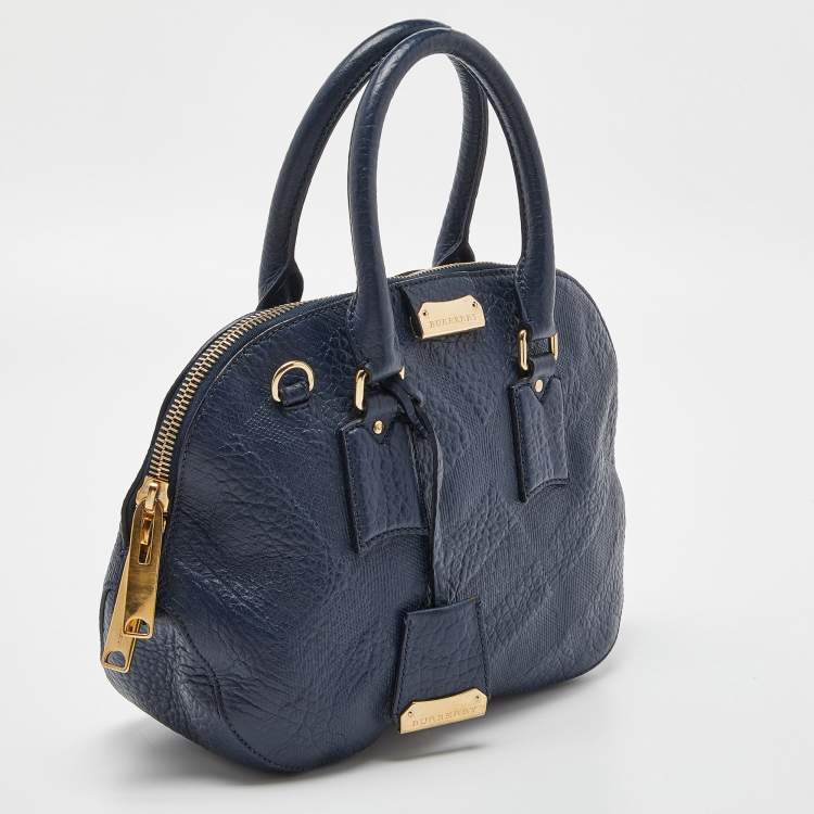 Pre Owned Burberry Blue Heritage Check Embossed Leather Small Orchard Bowler Bag