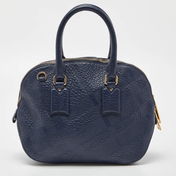 Pre Owned Burberry Blue Heritage Check Embossed Leather Small Orchard Bowler Bag