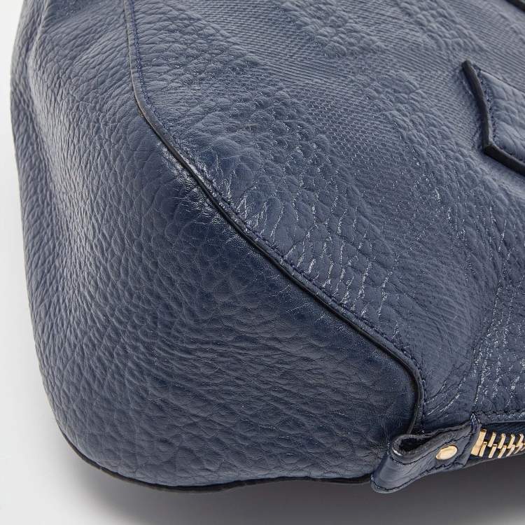 Pre Owned Burberry Blue Heritage Check Embossed Leather Small Orchard Bowler Bag