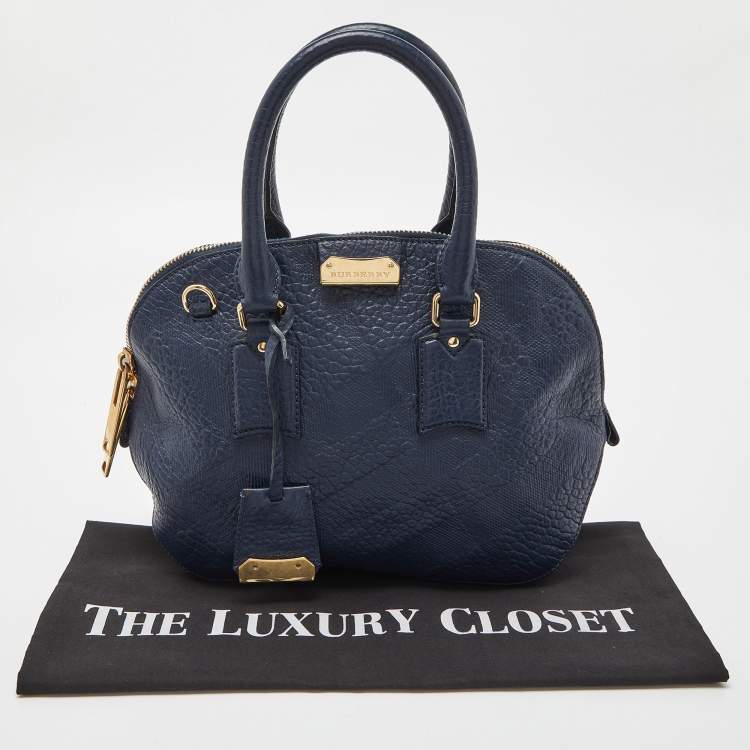Pre Owned Burberry Blue Heritage Check Embossed Leather Small Orchard Bowler Bag
