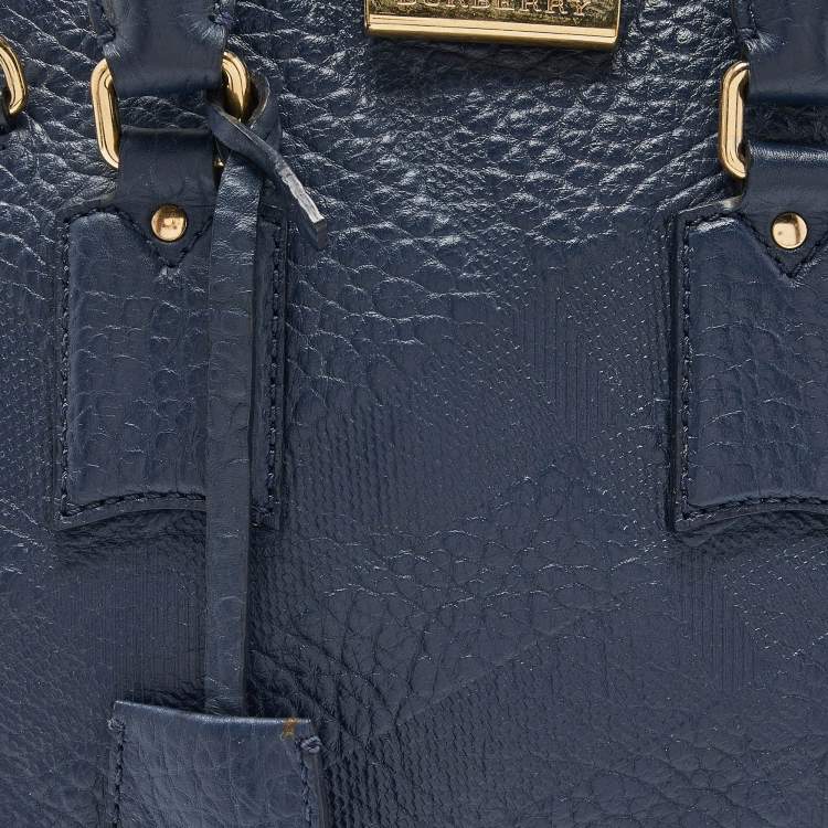 Pre Owned Burberry Blue Heritage Check Embossed Leather Small Orchard Bowler Bag