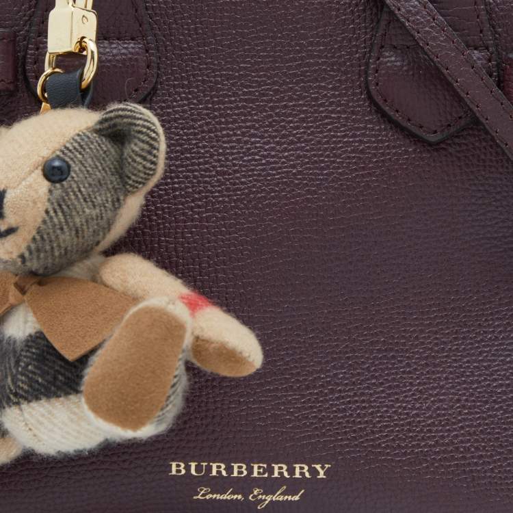 Pre Owned Burberry Burgundy/Beige Leather and House Check Fabric Mini Banner Tote w/Charm