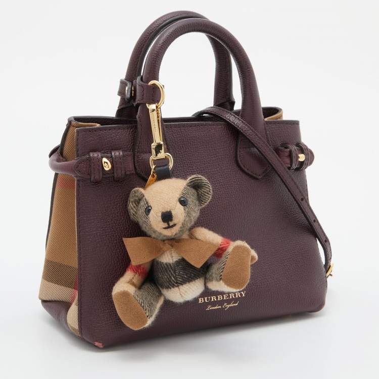 Pre Owned Burberry Burgundy/Beige Leather and House Check Fabric Mini Banner Tote w/Charm