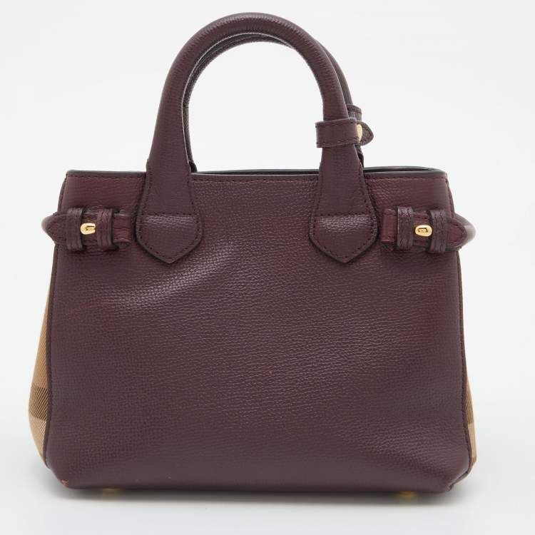 Pre Owned Burberry Burgundy/Beige Leather and House Check Fabric Mini Banner Tote w/Charm