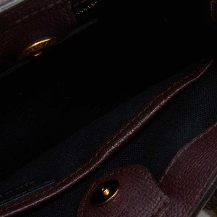 Pre Owned Burberry Burgundy/Beige Leather and House Check Fabric Mini Banner Tote w/Charm