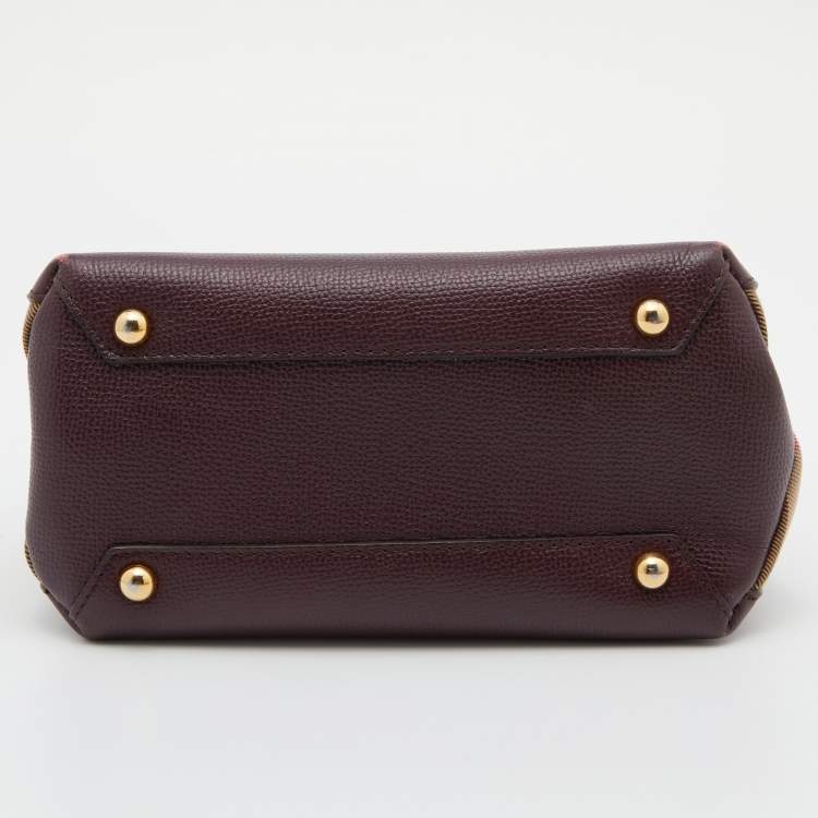 Pre Owned Burberry Burgundy/Beige Leather and House Check Fabric Mini Banner Tote w/Charm