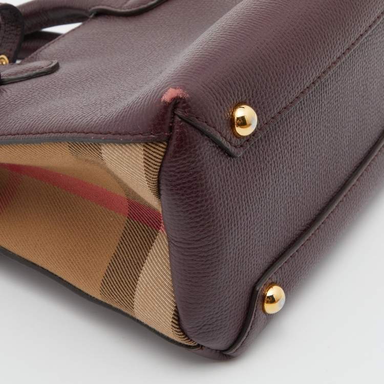 Pre Owned Burberry Burgundy/Beige Leather and House Check Fabric Mini Banner Tote w/Charm