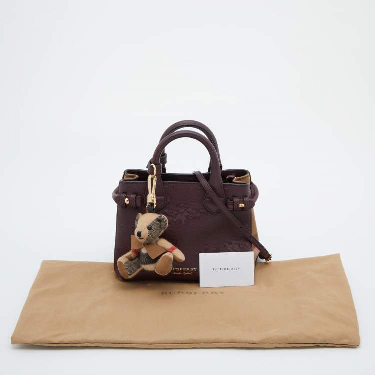 Pre Owned Burberry Burgundy/Beige Leather and House Check Fabric Mini Banner Tote w/Charm