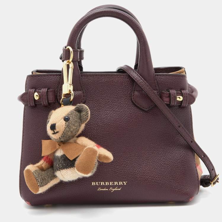 Pre Owned Burberry Burgundy/Beige Leather and House Check Fabric Mini Banner Tote w/Charm
