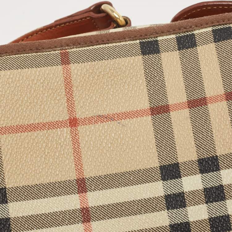 Pre Owned Burberry Beige/Tan Haymarket Check Coated Canvas and Leather Flap Crossbody Bag