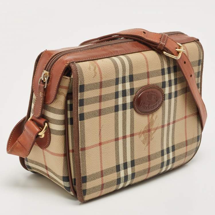 Pre Owned Burberry Beige/Tan Haymarket Check Coated Canvas and Leather Flap Crossbody Bag
