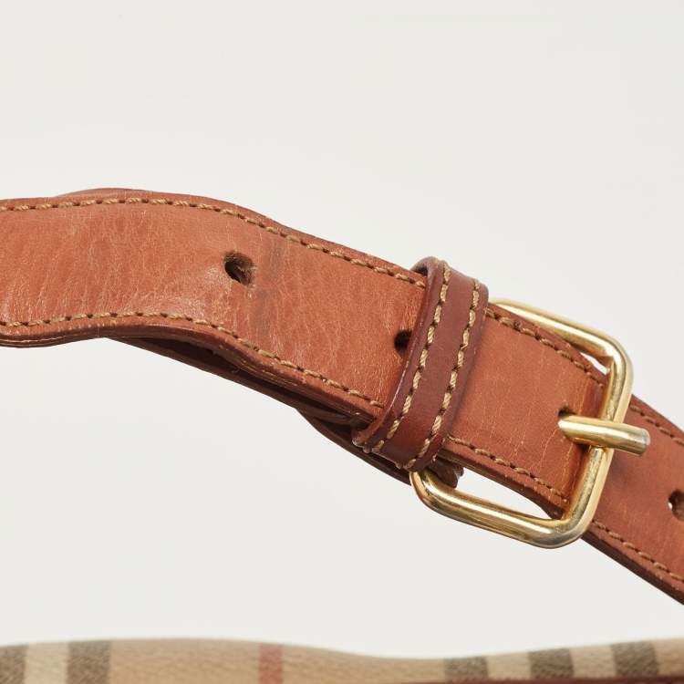 Pre Owned Burberry Beige/Tan Haymarket Check Coated Canvas and Leather Flap Crossbody Bag