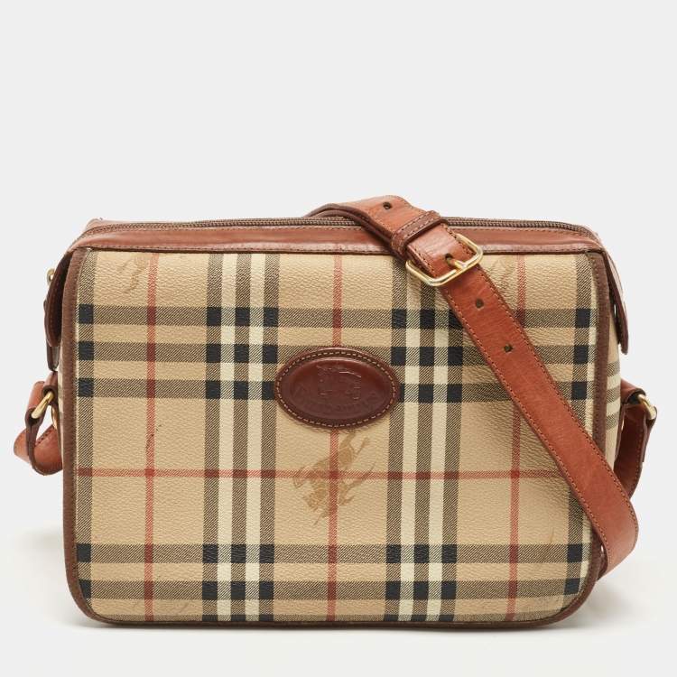 Pre Owned Burberry Beige/Tan Haymarket Check Coated Canvas and Leather Flap Crossbody Bag