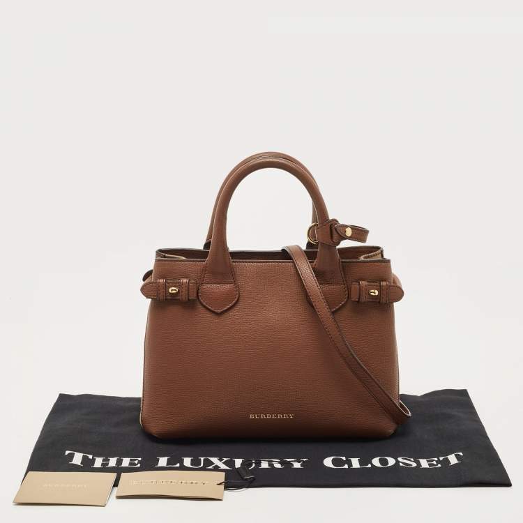 Pre Owned Burberry Brown/Beige House Check Fabric and Leather Small Banner Tote